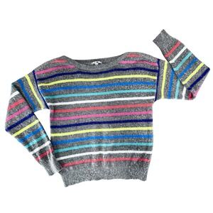 Forever 21 Colorful Striped Angora Blend Sweater Large Gray Funky Crew Y2K  Neck